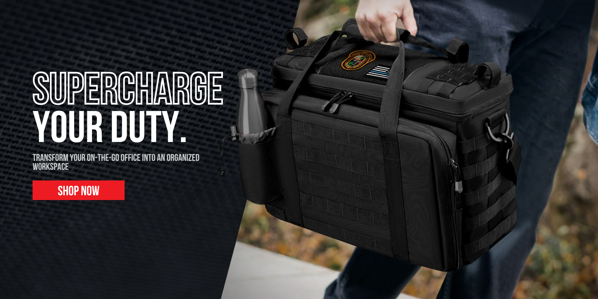 a police officer carrying a tidify patrol bag. with the text "supercharge your duty - transform your on-the-go office into an organized workspace"