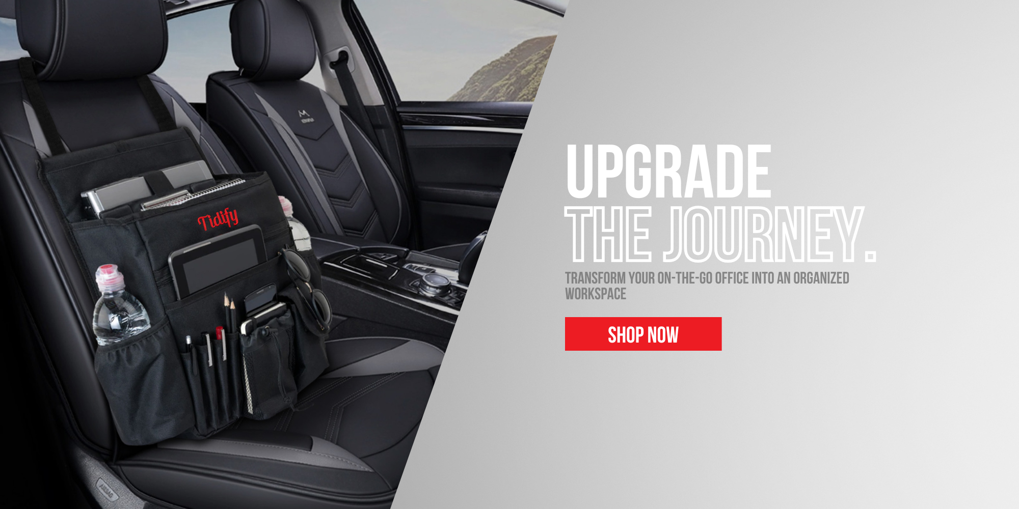 the tidify car seat organizer on a front car seat with the text "upgrade the journey - transform your on-the-go office into an organized workspace"